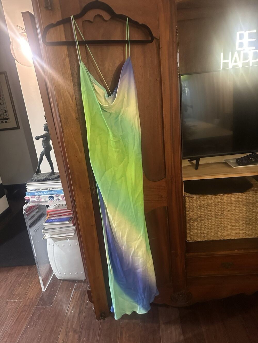 Tie Dye Green Blue Zara Satin Sundress Slip Dress XS Sexy back